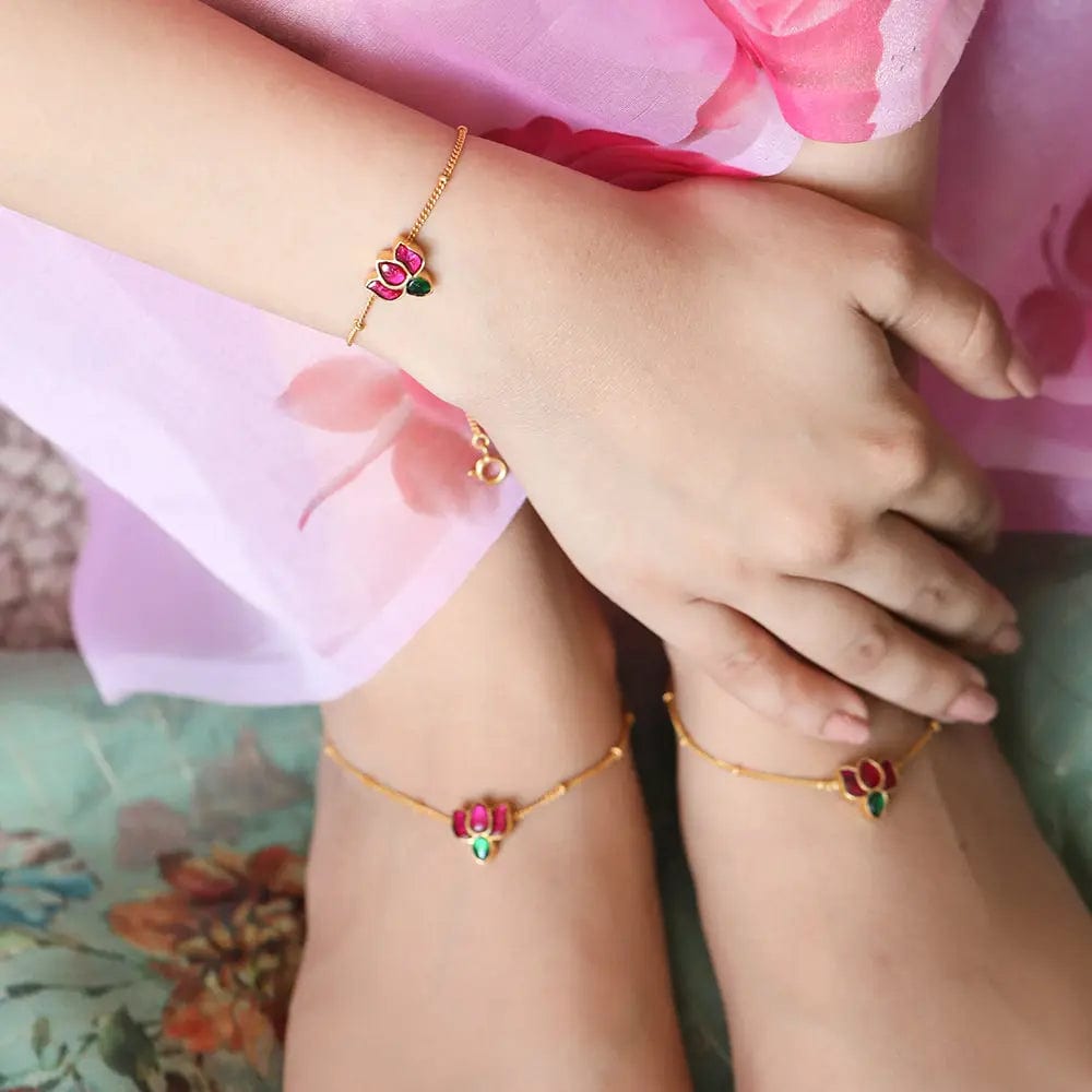 Silver 92.5 Kundan Lotus Anklet & Bracelet