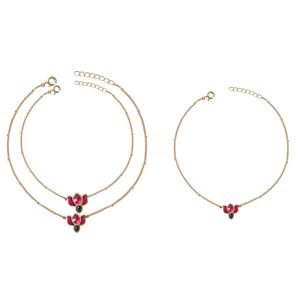 Silver 92.5 Kundan Lotus Anklet & Bracelet