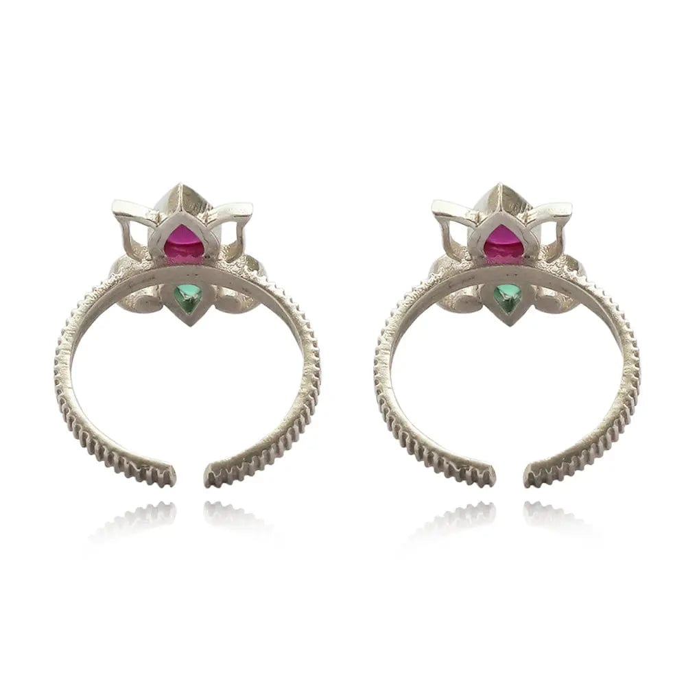 Silver 92.5 Lotus Red And Green Toe Ring