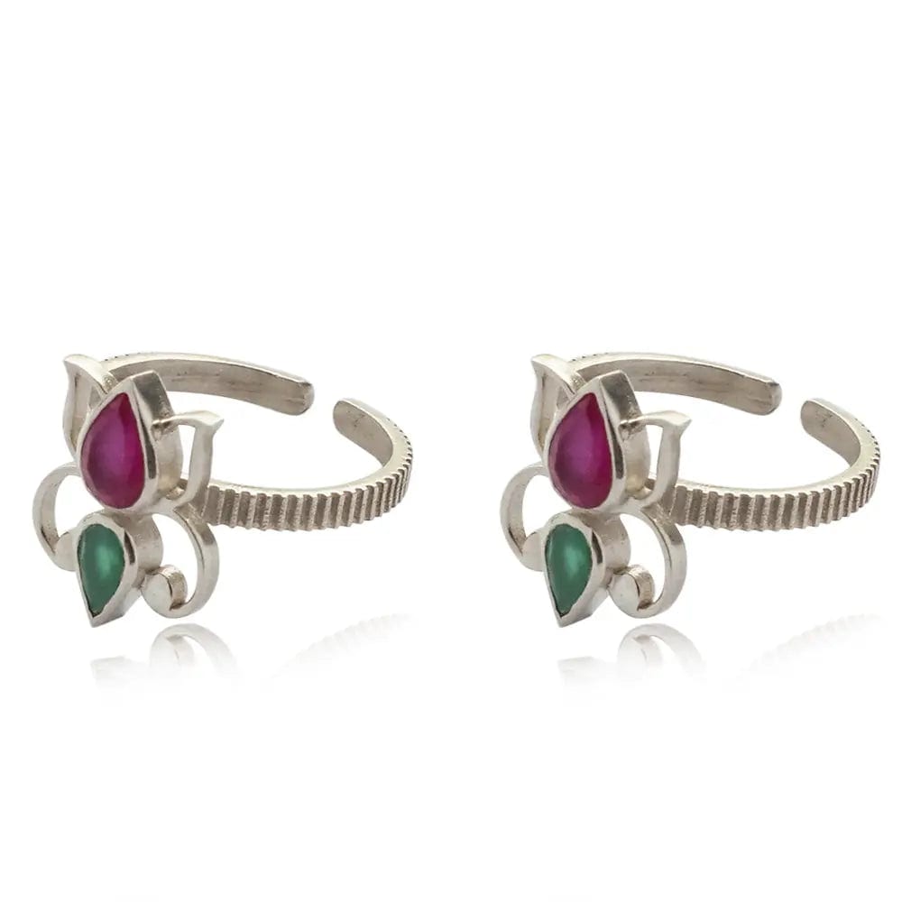Silver 92.5 Lotus Red And Green Toe Ring