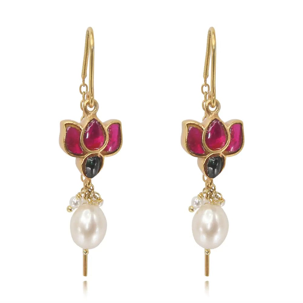 Lotus motif Sui Dhaga earrings handcrafted in sterling silver with graceful chain detailing