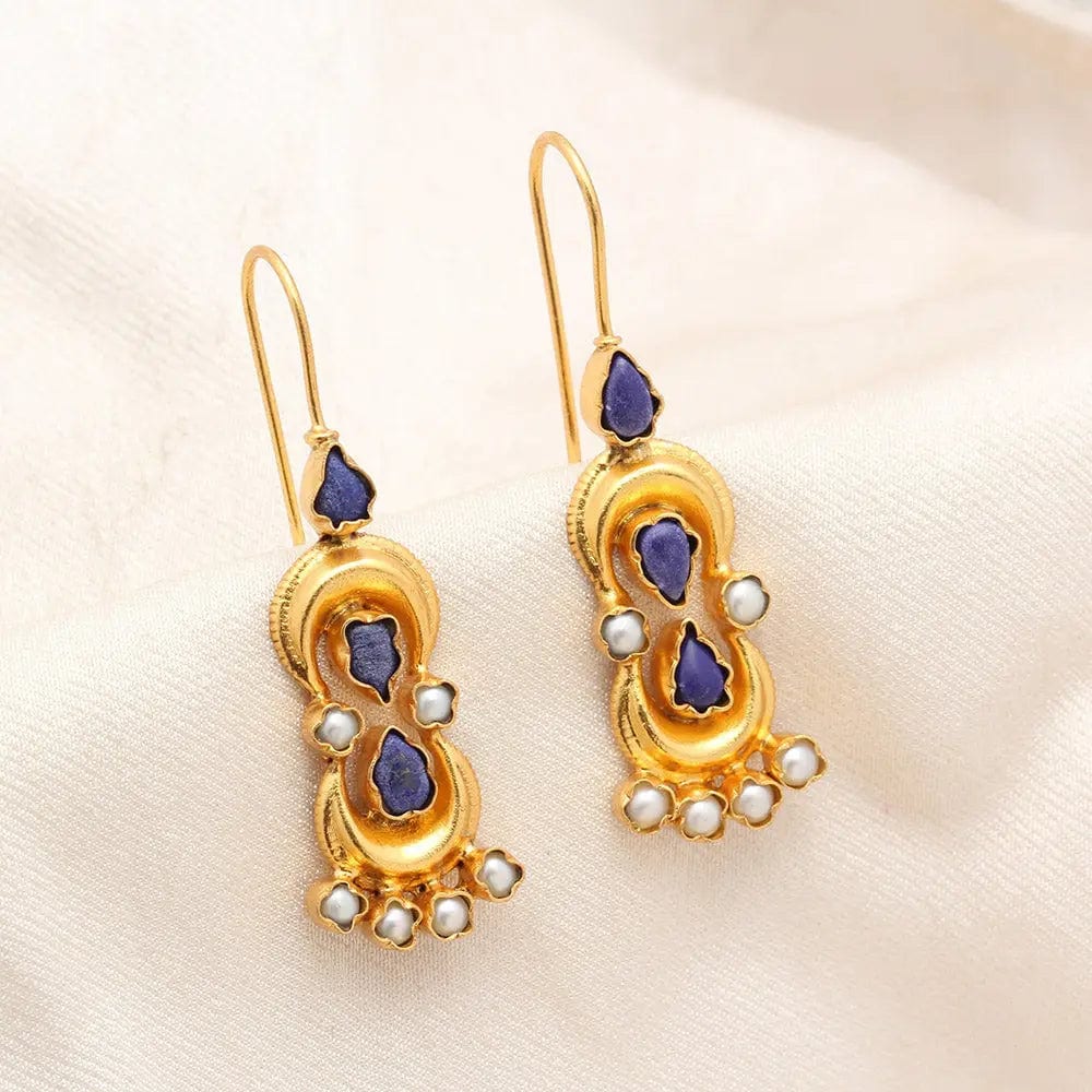 Silver Gold Plated Lapis and Pearl Earrings