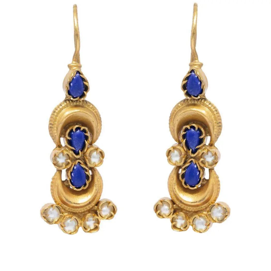 Silver Gold Plated Lapis and Pearl Earrings