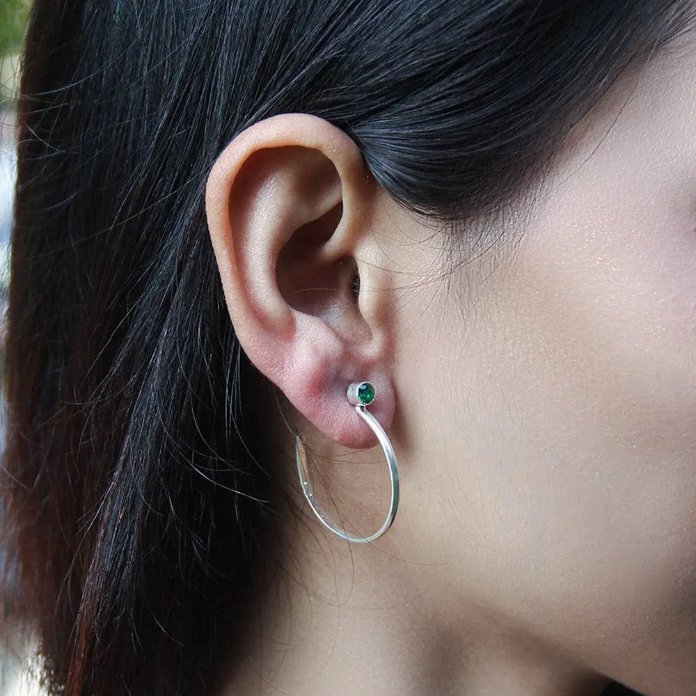 Silver Hoops with Green Stud