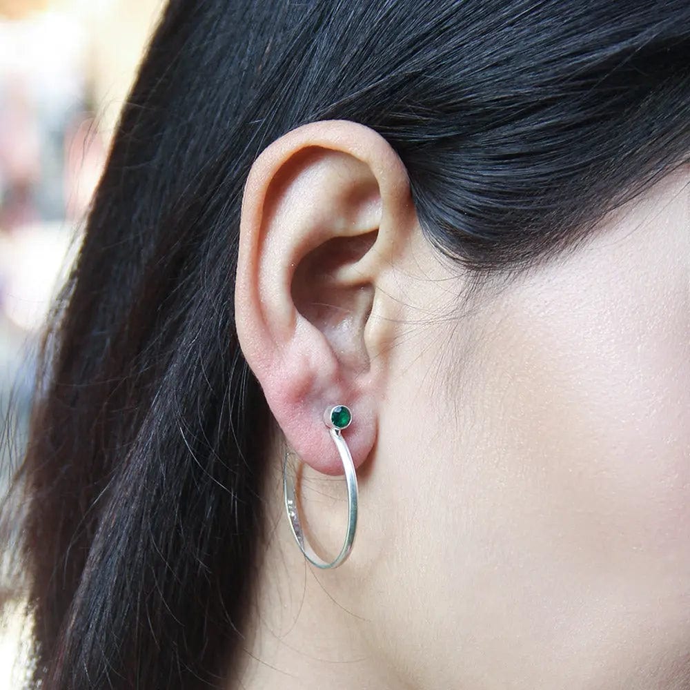 Silver Hoops with Green Stud