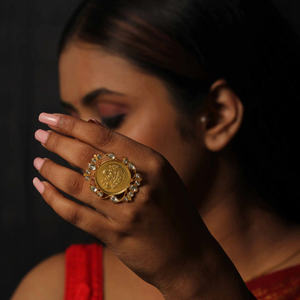 Silver Lakshmi Kundan Ring