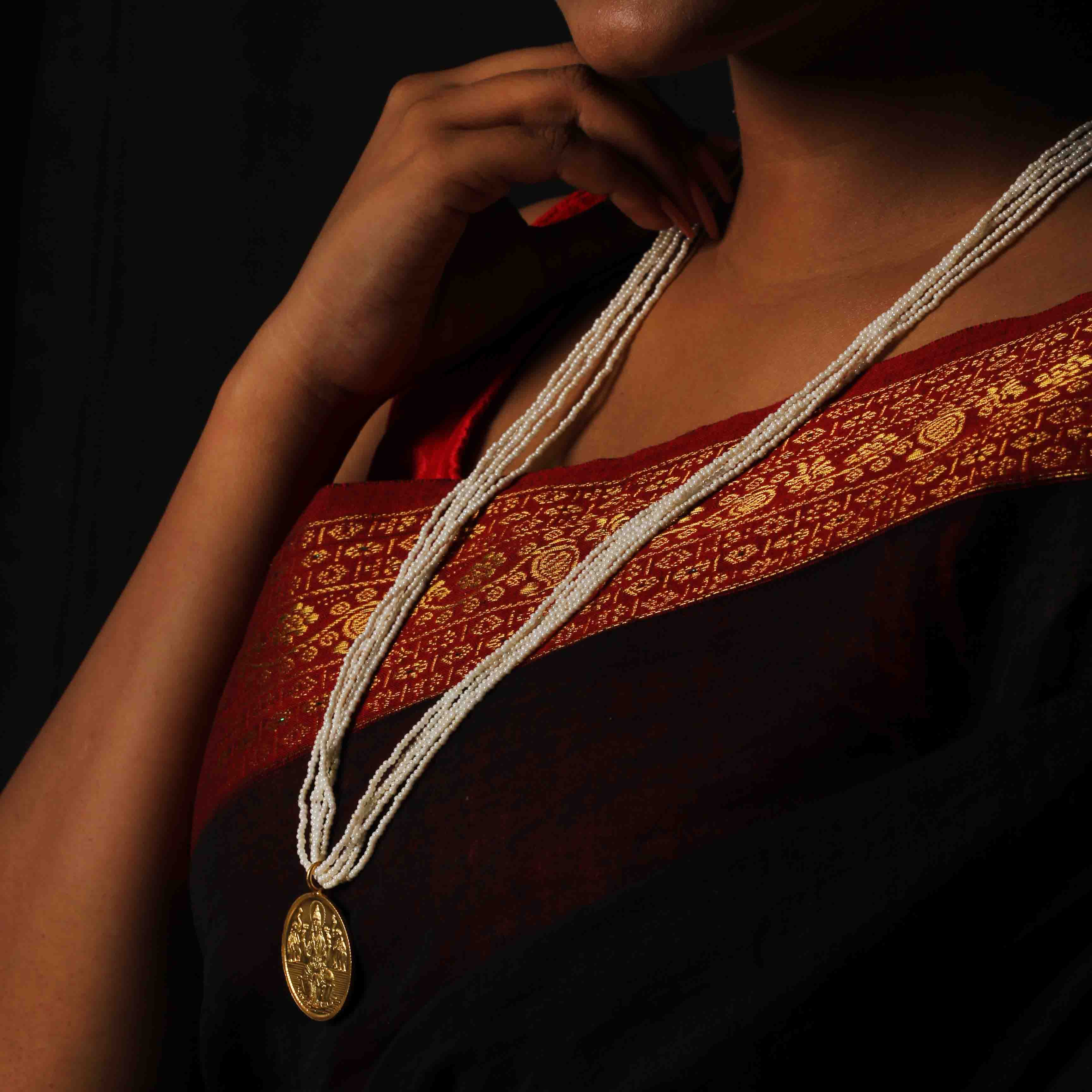 Silver Lakshmi Pearl Long Necklace