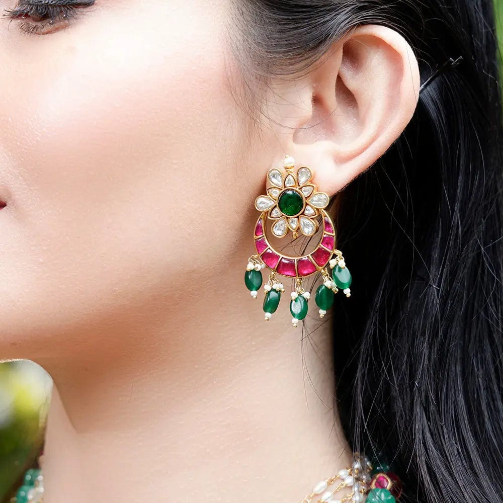 Silver Kundan Chandbali With Green Drops