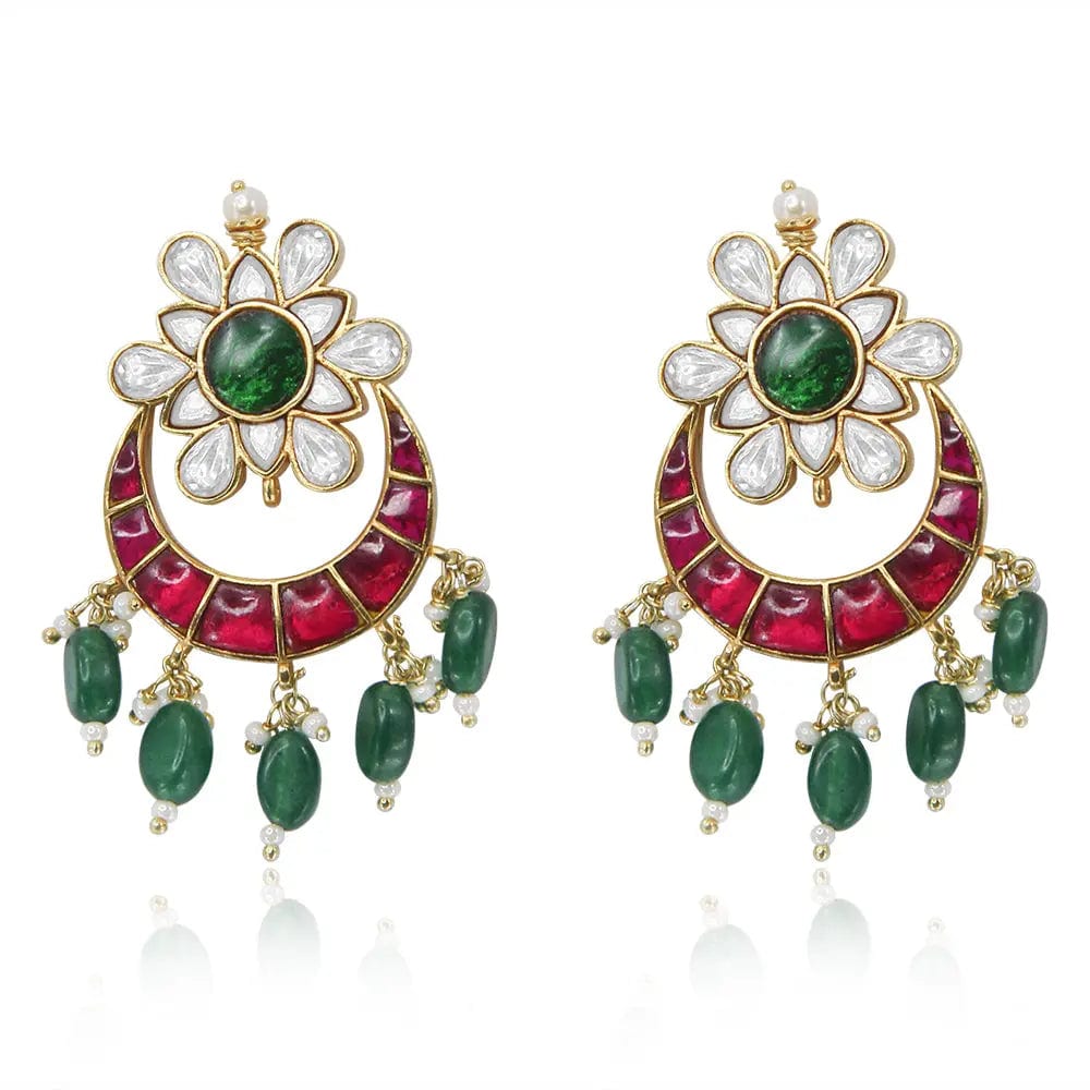 Silver Kundan Chandbali With Green Drops