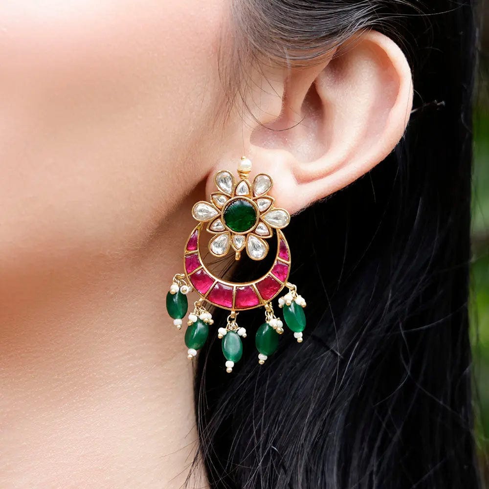 Silver Kundan Chandbali With Green Drops