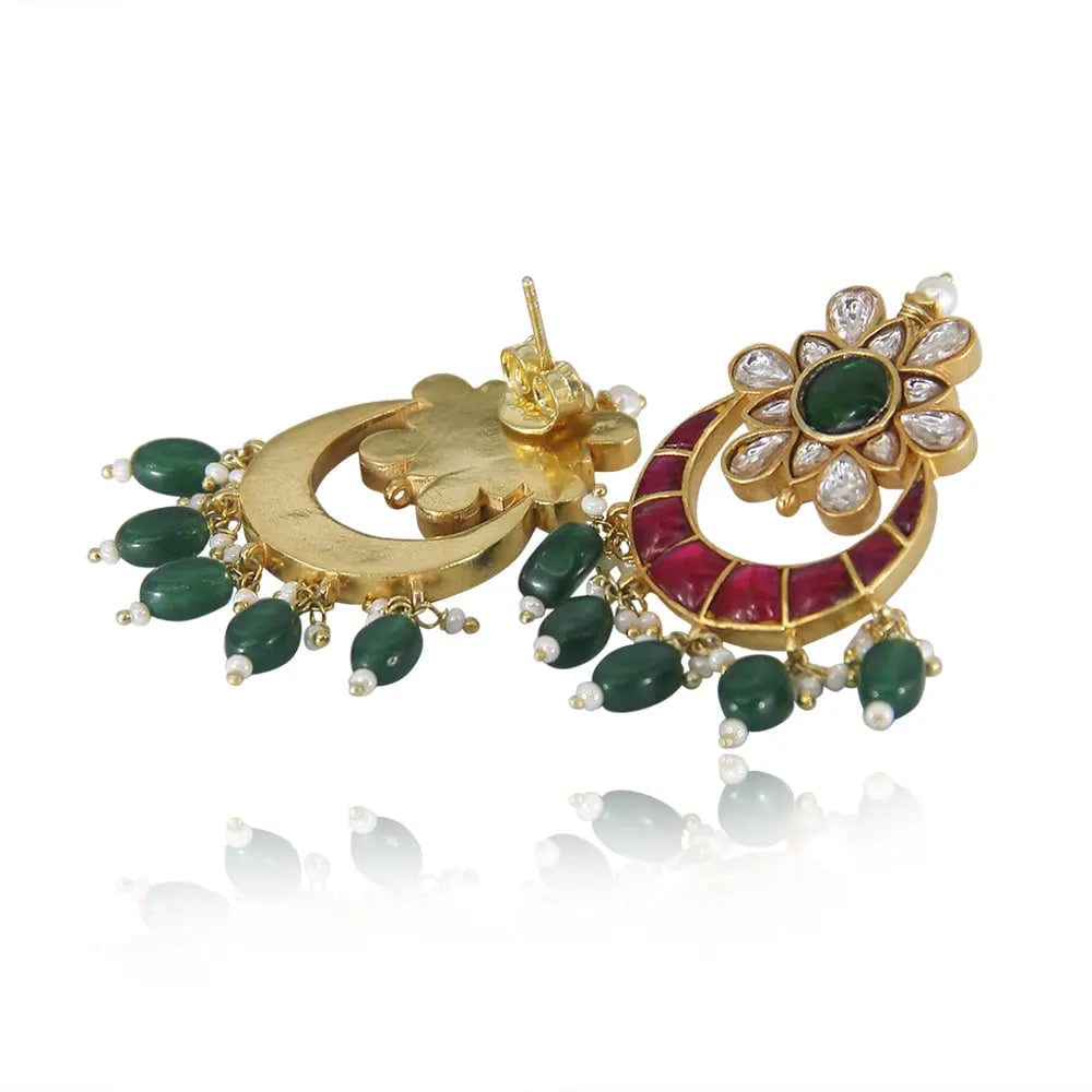 Silver Kundan Chandbali With Green Drops