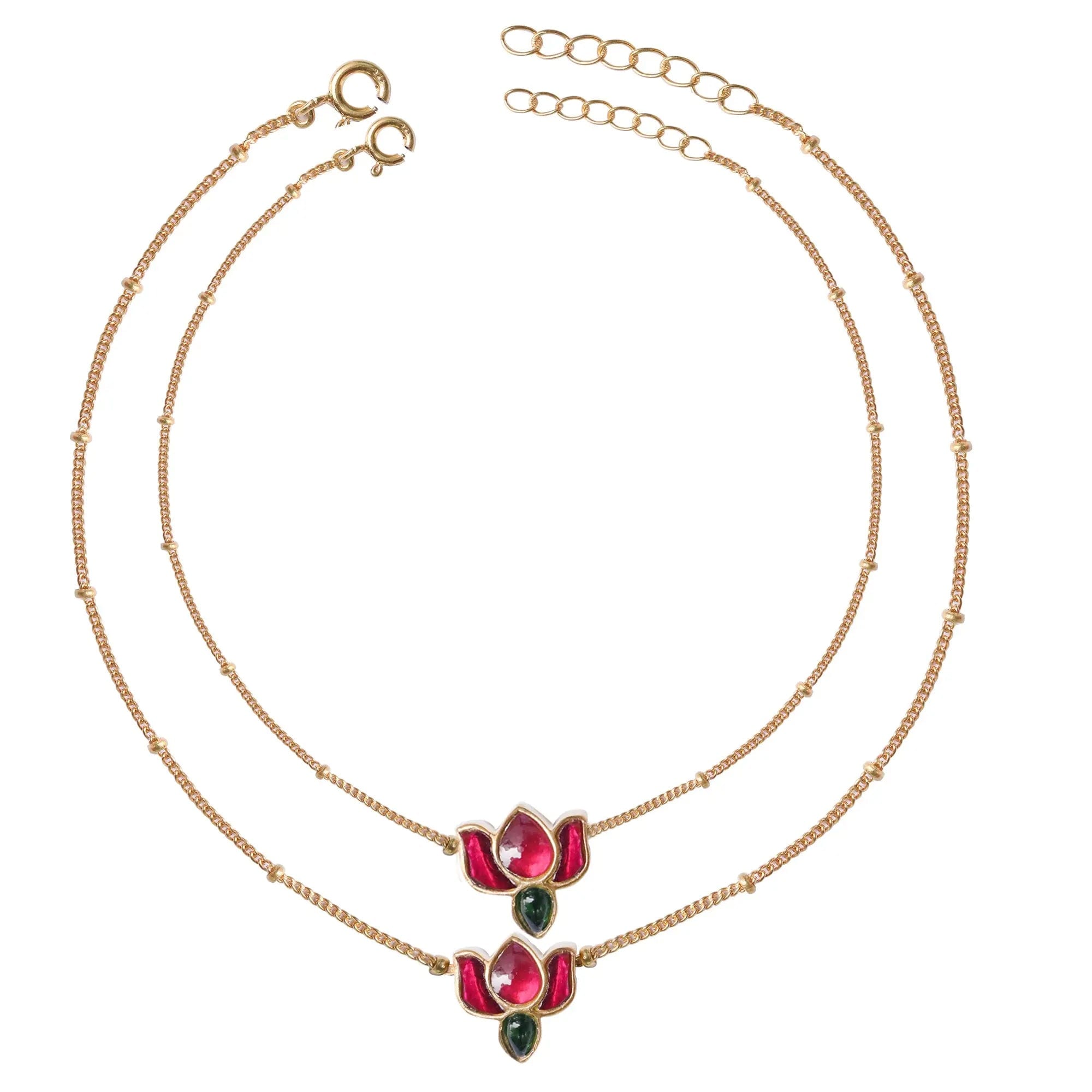 Silver Kundan Lotus anklet by Unniyarcha, featuring handcrafted lotus motifs with embedded Kundan stones in a traditional design