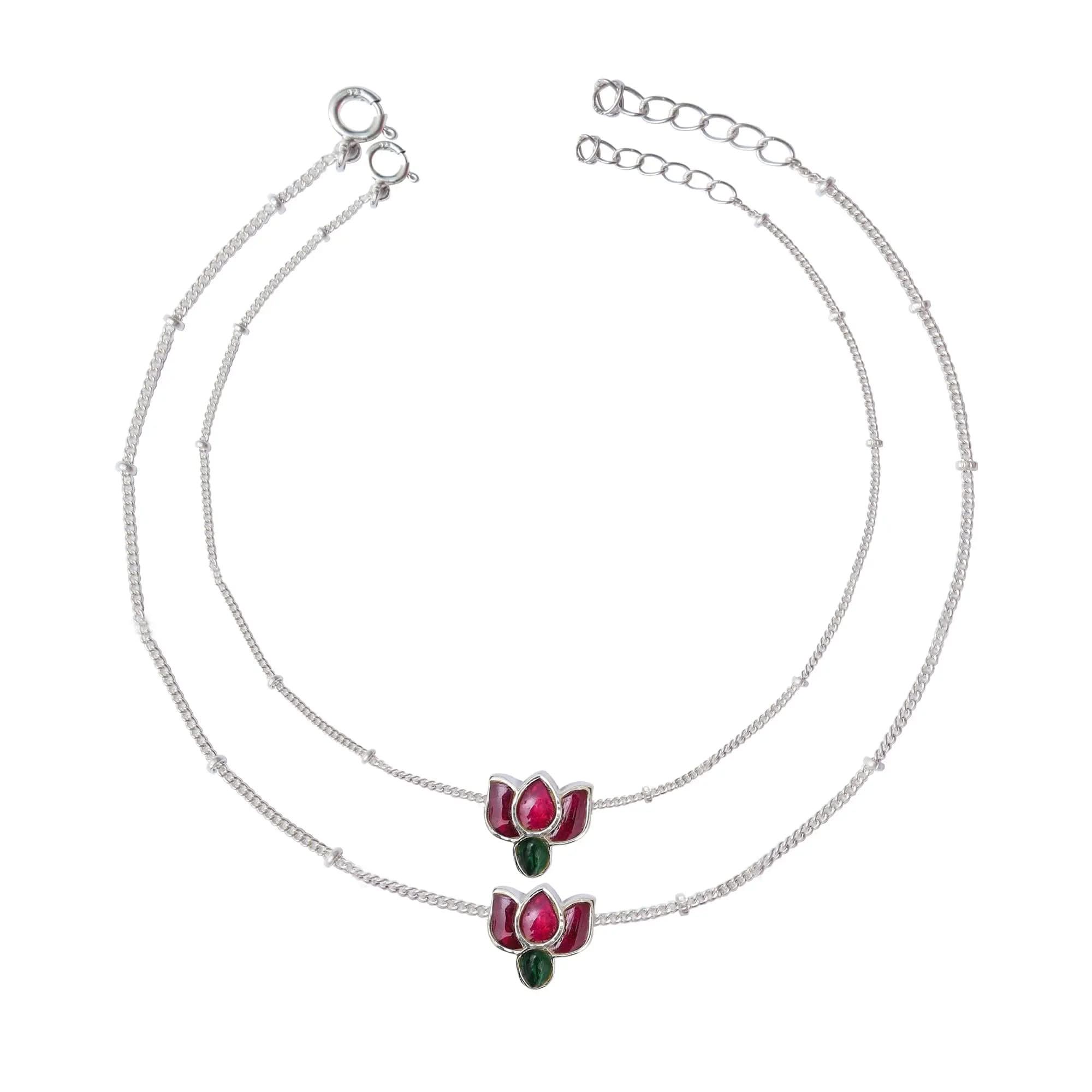 925 Sterling Silver Kundan Lotus Anklet ( Pair)