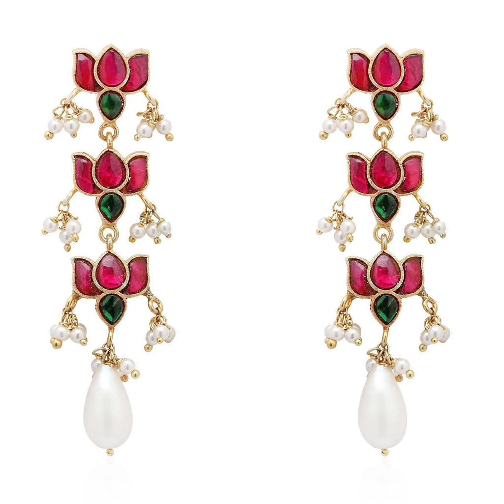 Silver Kundan Lotus Bloom Earring with Pearl