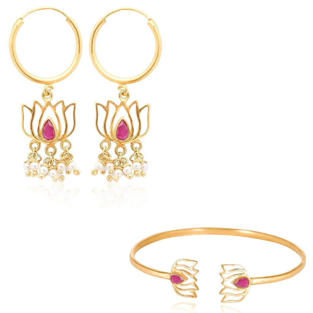 Silver Lotus Bangle And Earring Set
