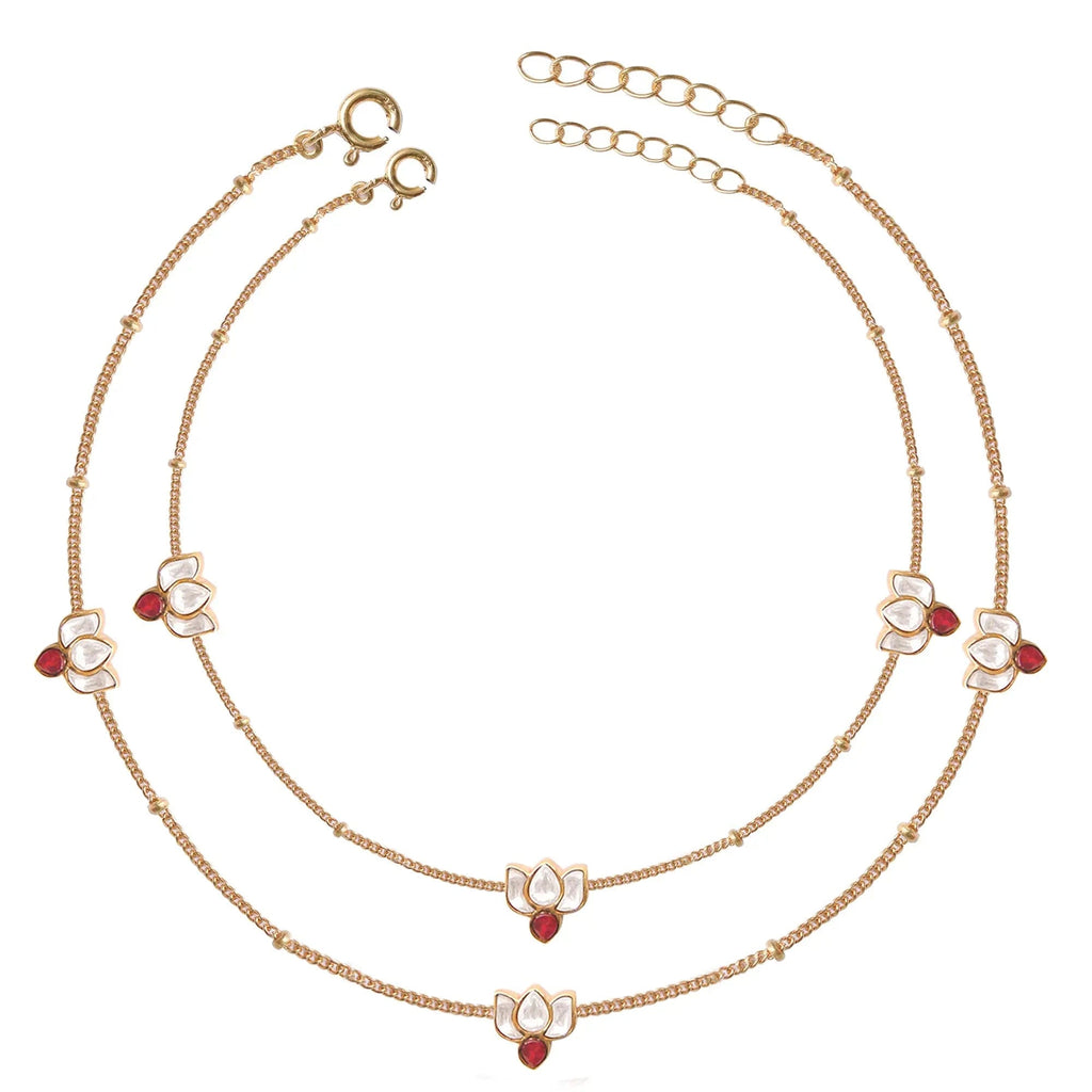 Silver Lotus Kundan 3 Motifs Anklet