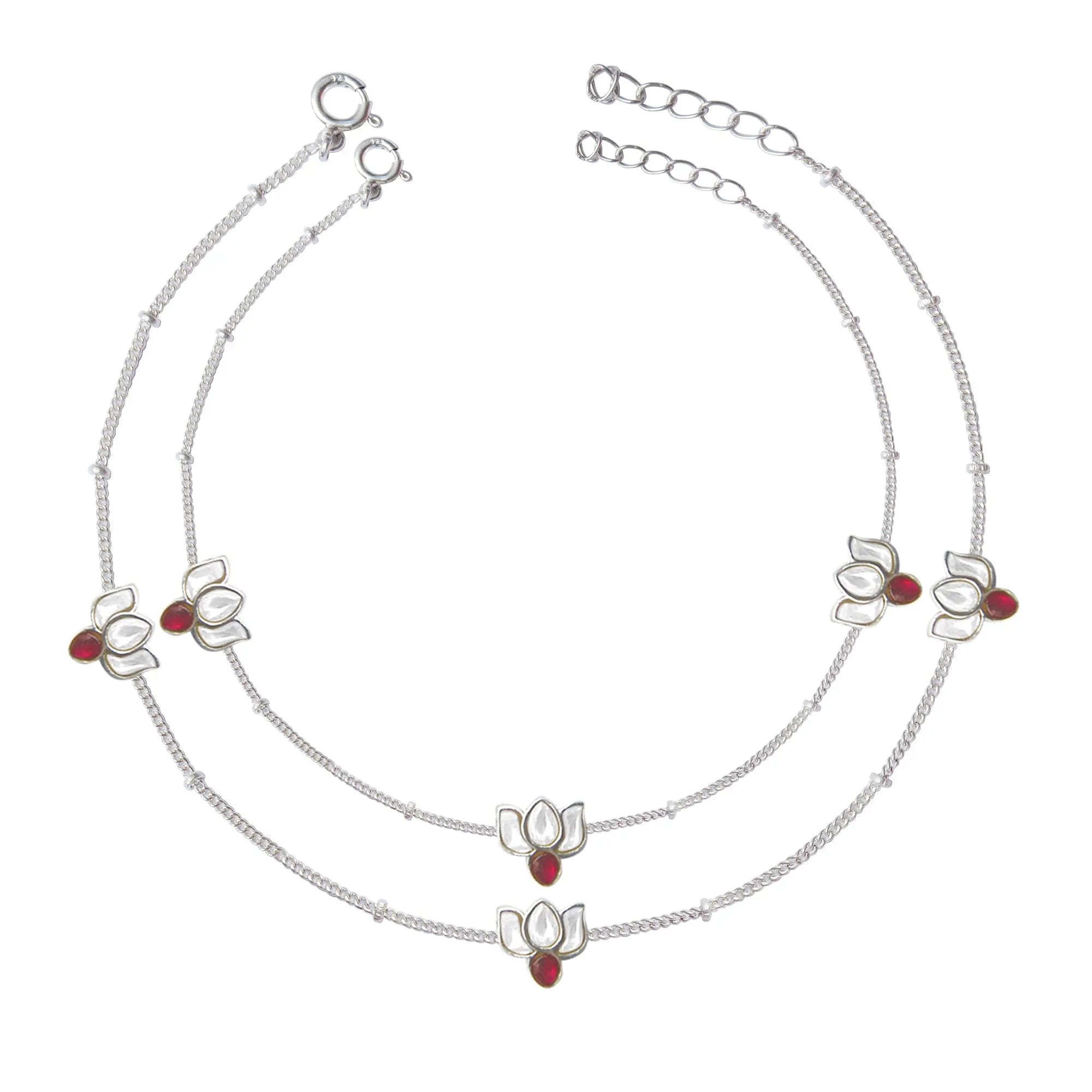 Silver Lotus Kundan 3 Motifs Anklet