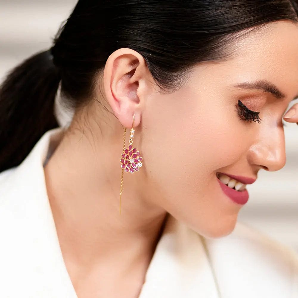 925 Sterling Silver Red Sui Dhaga Earring