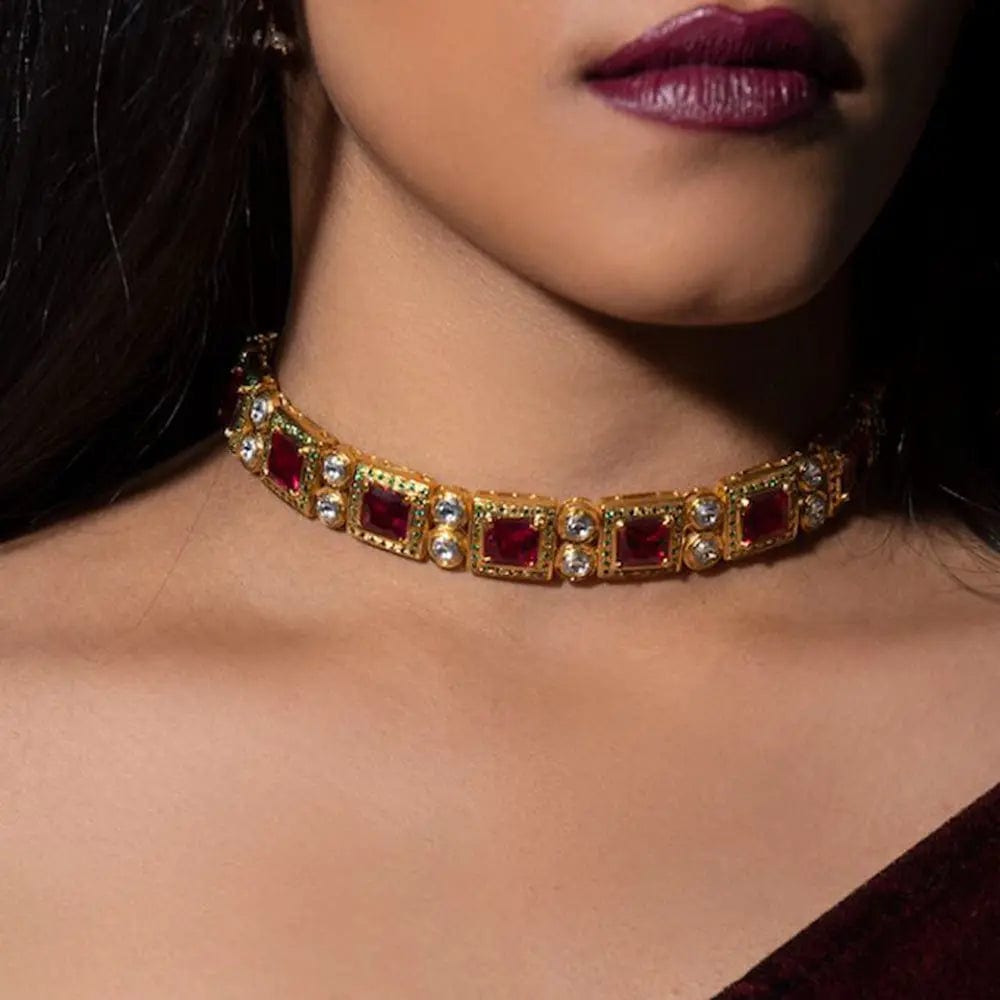 Silver Square Red Necklace