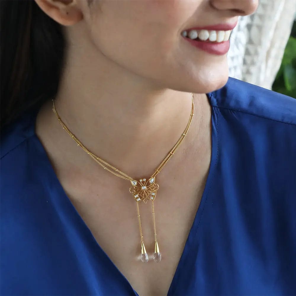 Silver Butterfly Stone Drop Necklace