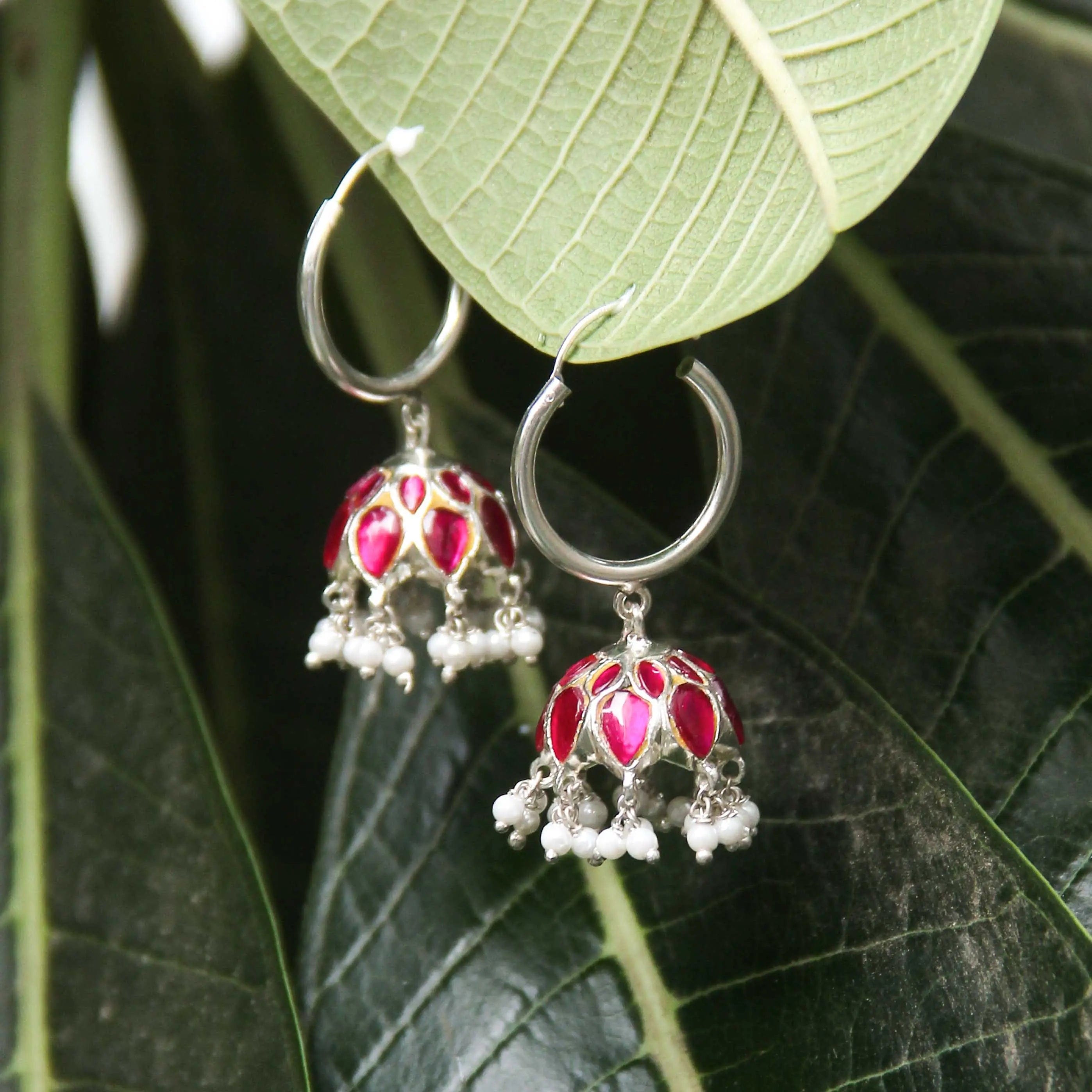 92.5 Sterling Silver graceful Kundan Bali with stone and pearls