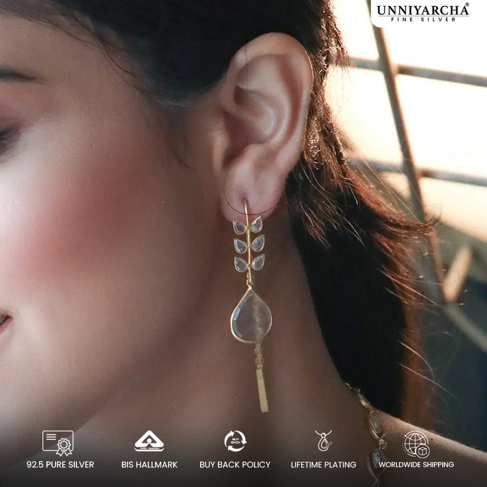 Silver 92.5 Polki Sui Dhaga earrings from Unniyarcha, combining traditional Polki stones with delicate thread chain design