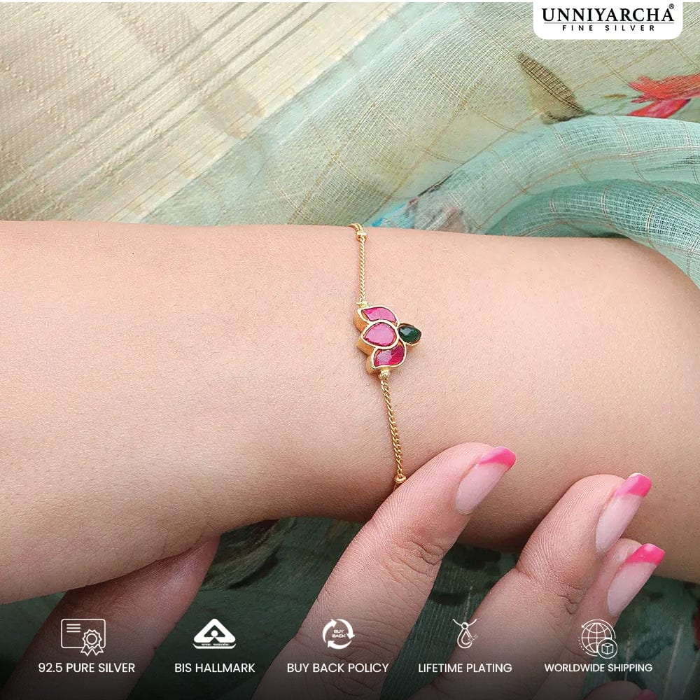 Lotus motif bracelet crafted in 92.5 silver with delicate handcrafted details by Unniyarcha