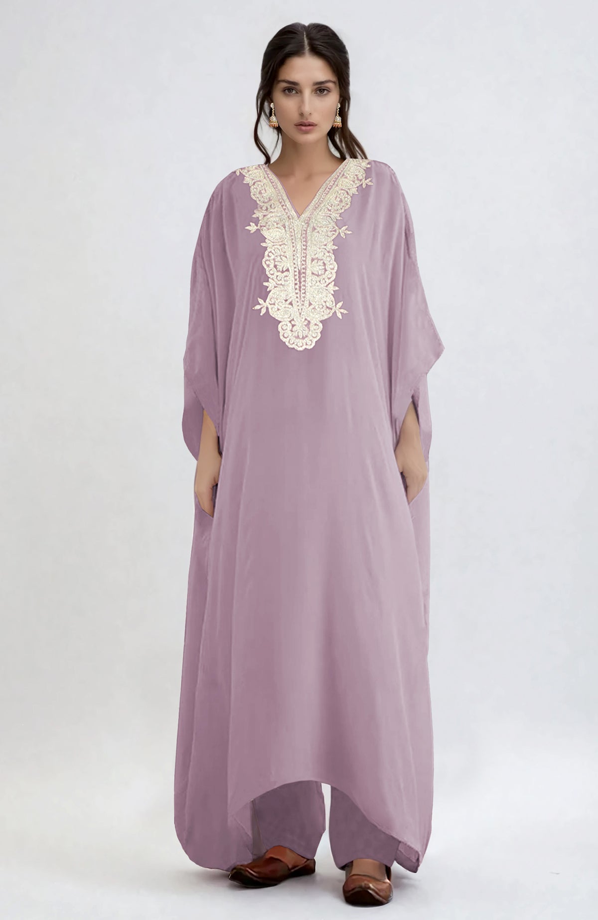 Elderberry kaftan with silver Kashmiri tilla embroidery and matching straight pants set