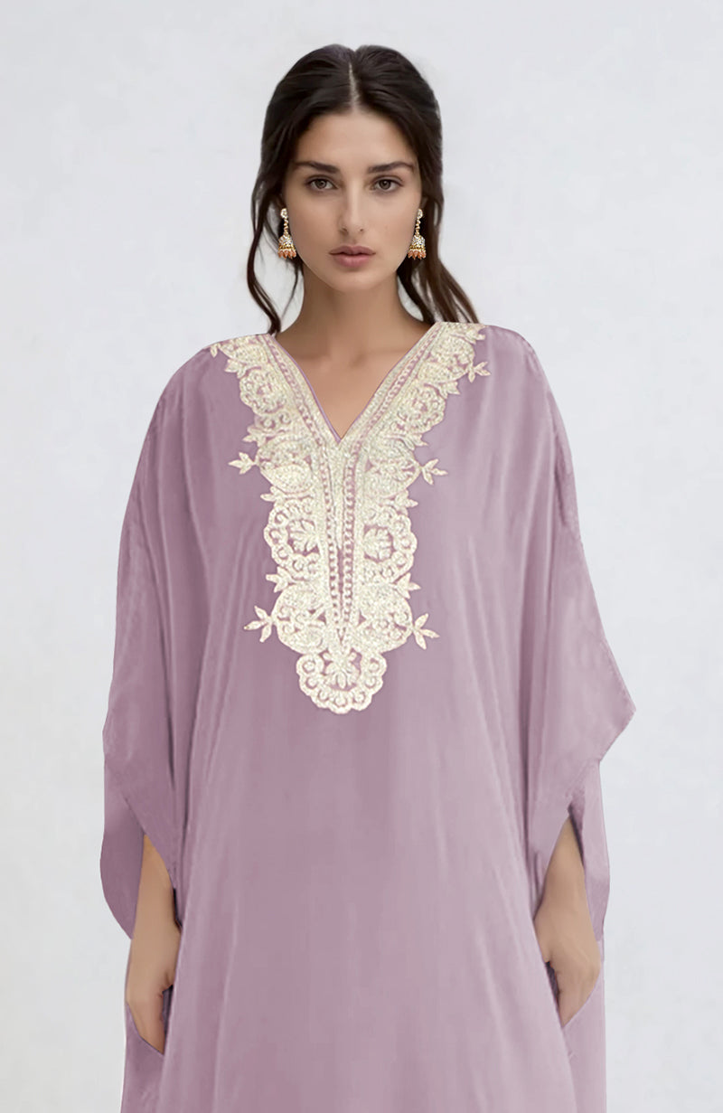 Elderberry kaftan with intricate silver Kashmiri tilla embroidery along the placket.