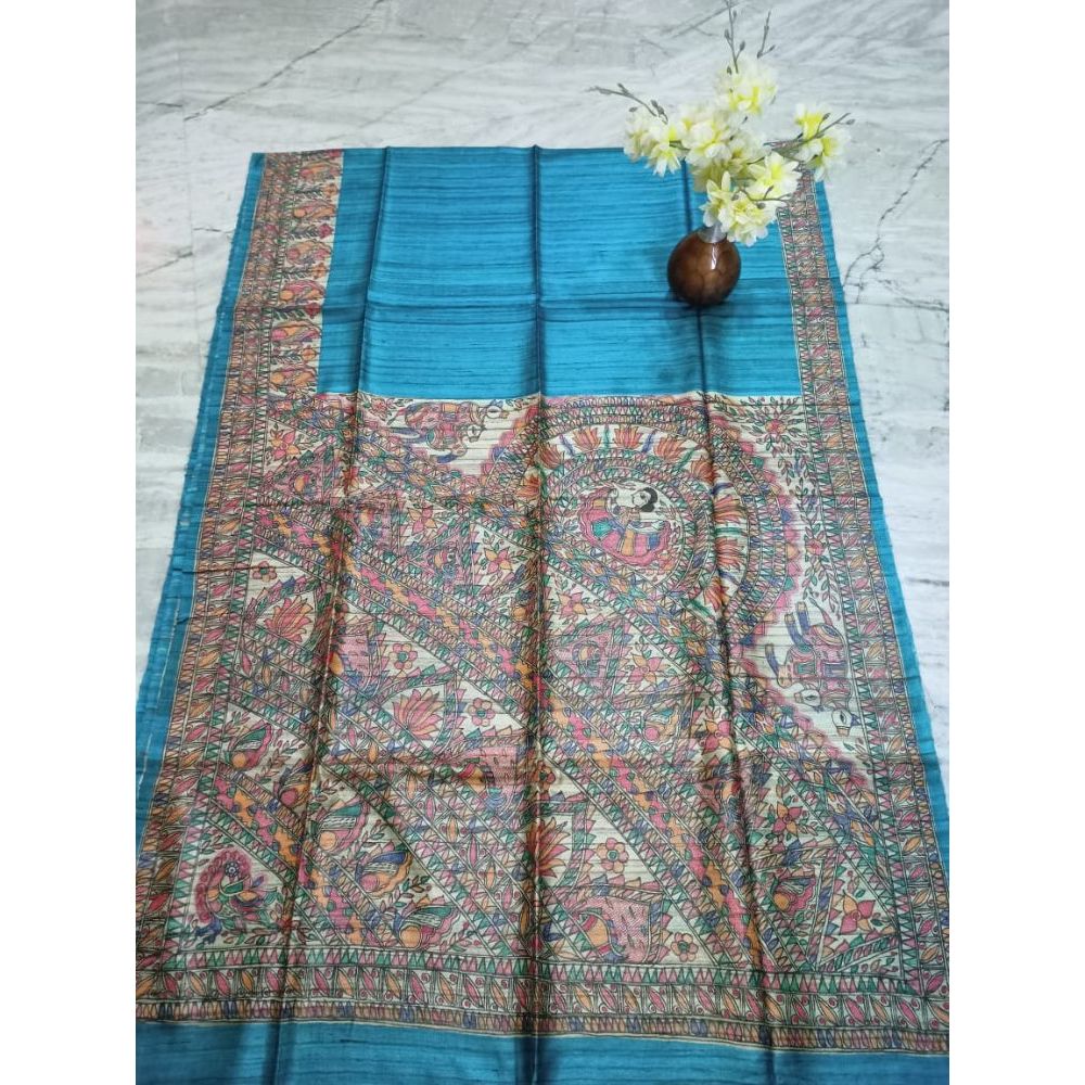 Silkmark Certified Tussar Silk Madhubani HANDPAINTED Blue Saree with Blouse-Indiehaat
