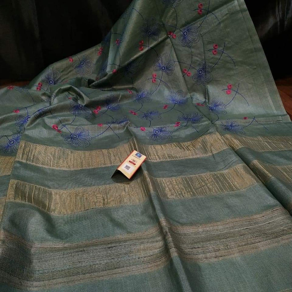 Eri Silk Digital Embroidered Bottle Green Saree with Running Blouse-Indiehaat