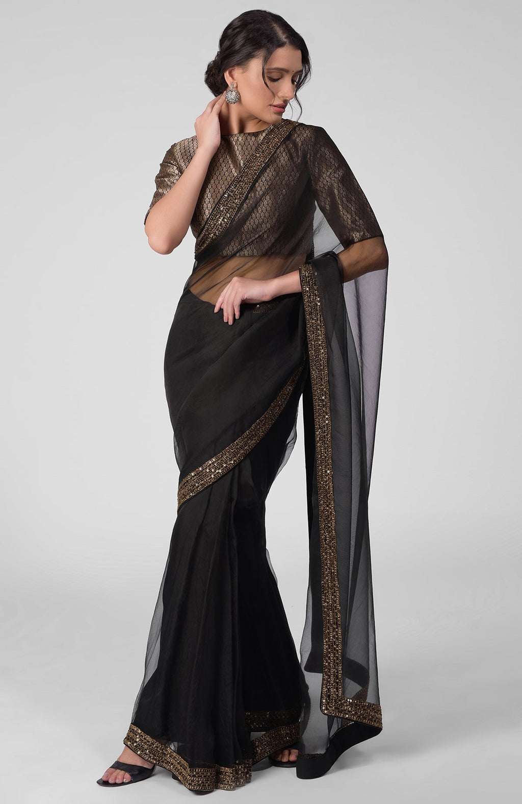 Black silk organza saree with gold zardozi border and silk banarasi brocade blouse