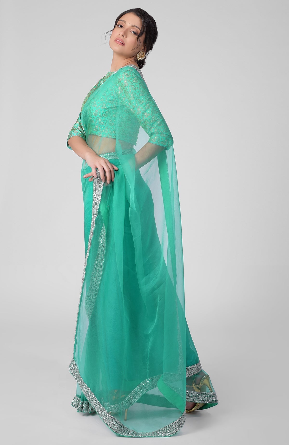 Mint hand embroidered zardozi saree with a brocade blouse.