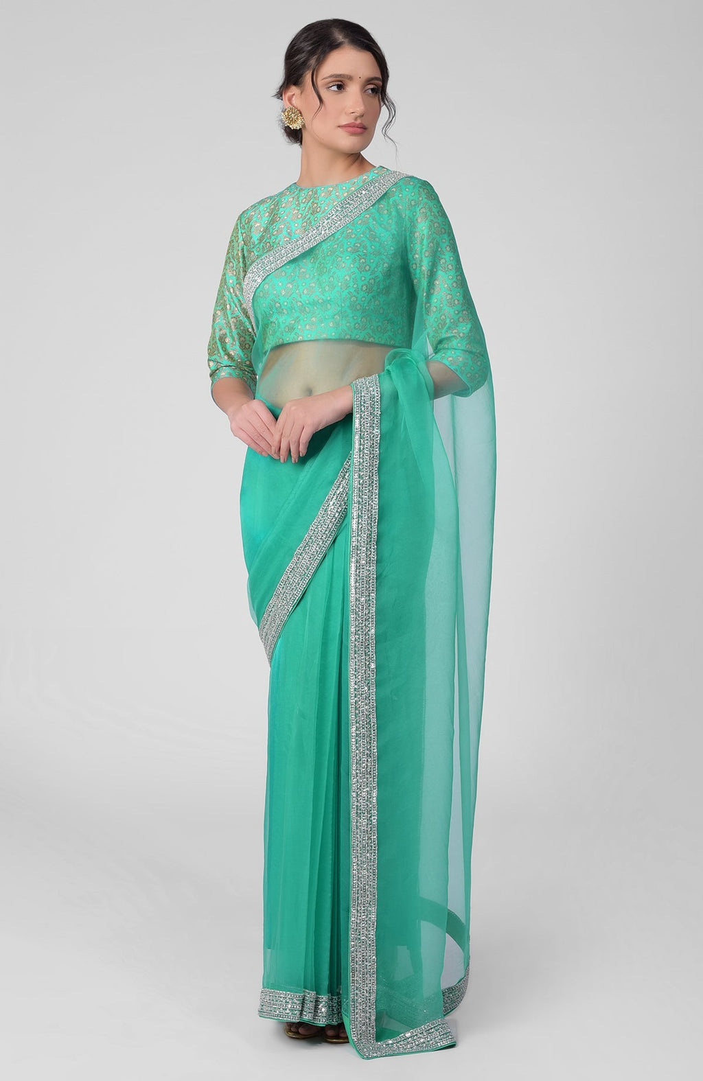 Mint silk organza saree with antique gold zardozi border and silk banarasi brocade blouse