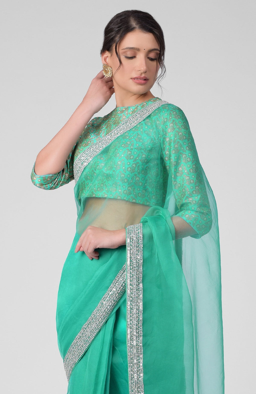 Mint silk organza saree with hand embroidered gold zardozi border and silk brocade blouse