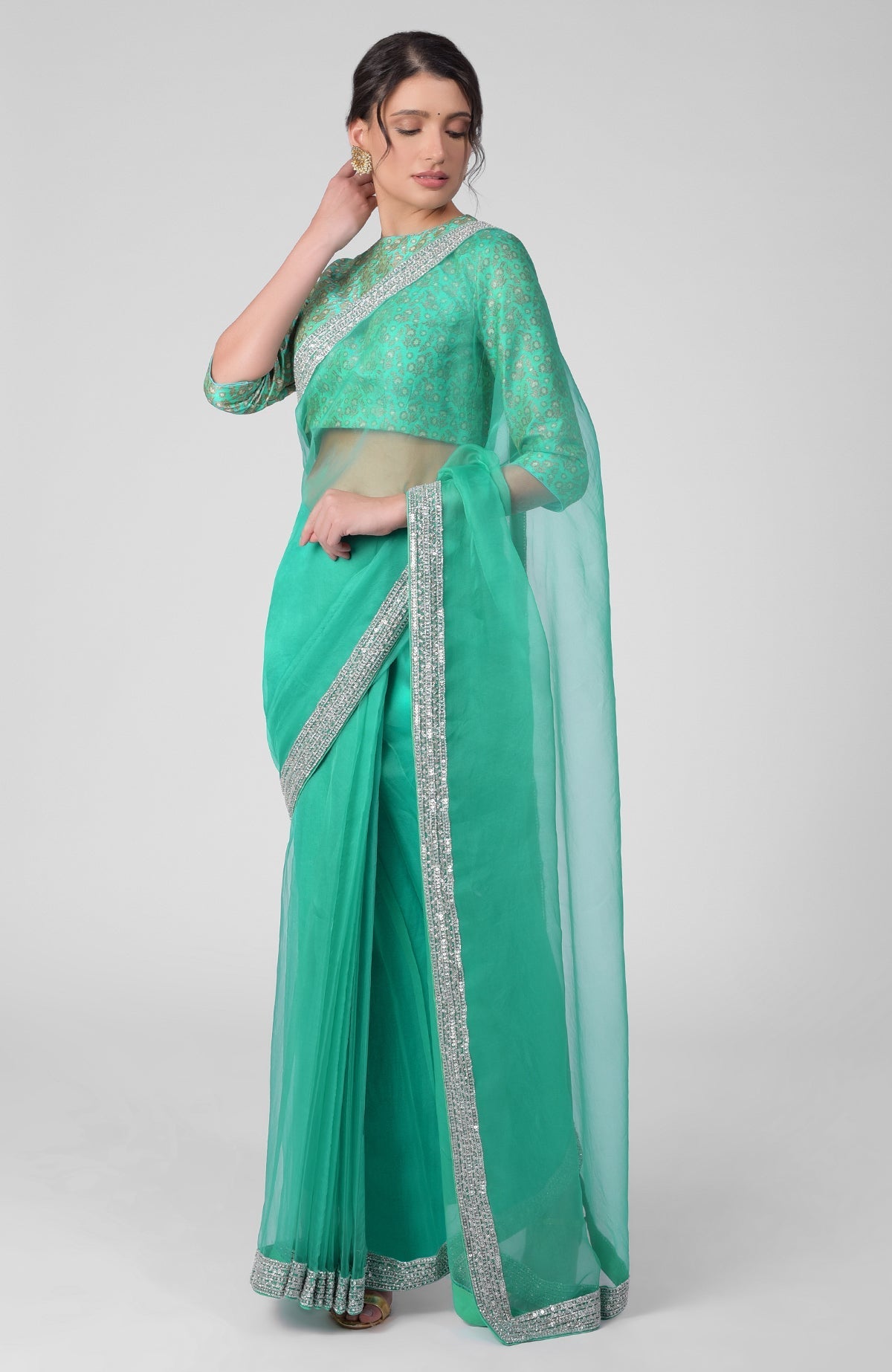 Mint hand-embroidered zardozi saree with a brocade blouse.