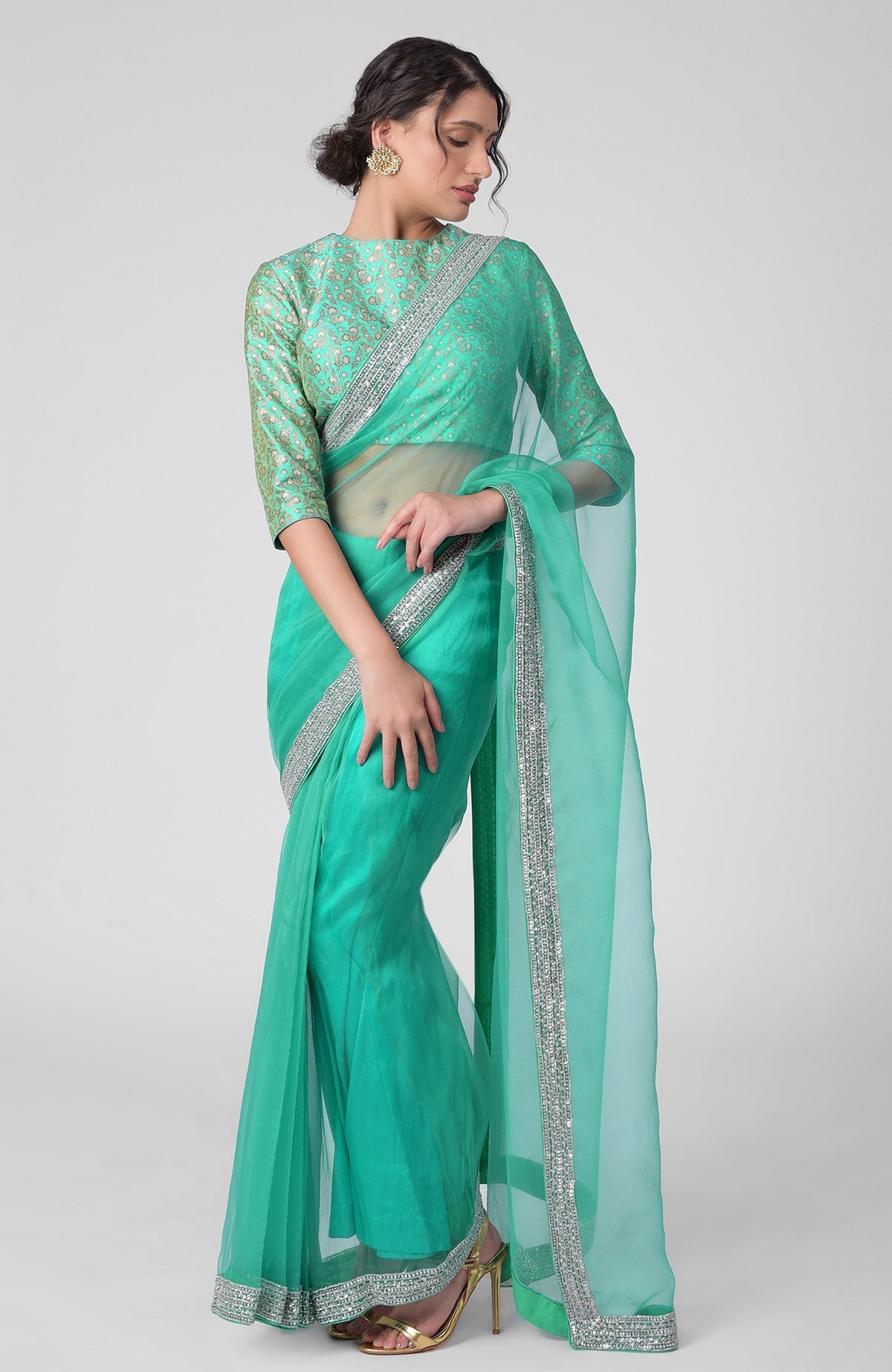 Mint silk organza saree with gold zardozi border and silk banarasi brocade blouse with jewel neckline