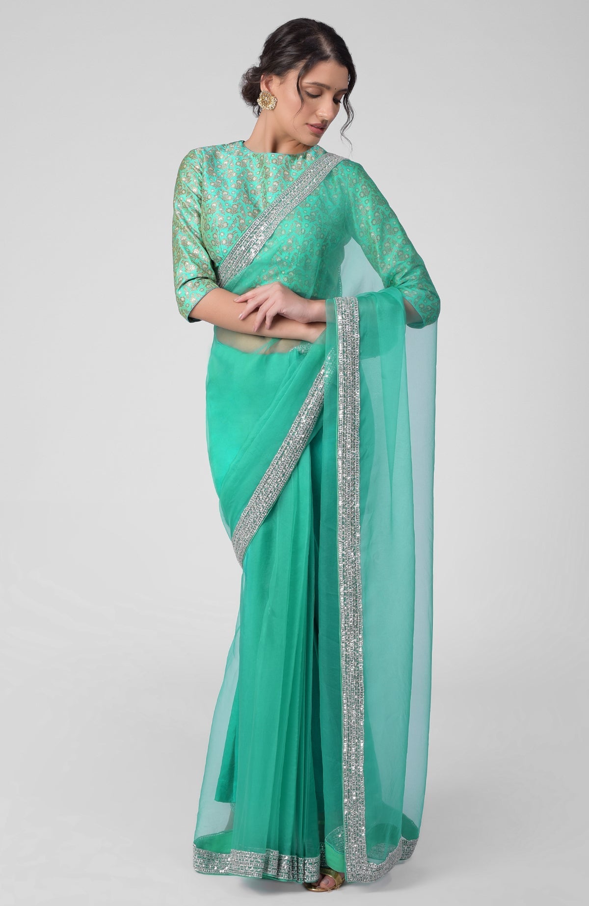 Mint silk organza saree with gold zardozi border and silk brocade blouse with jewel neckline