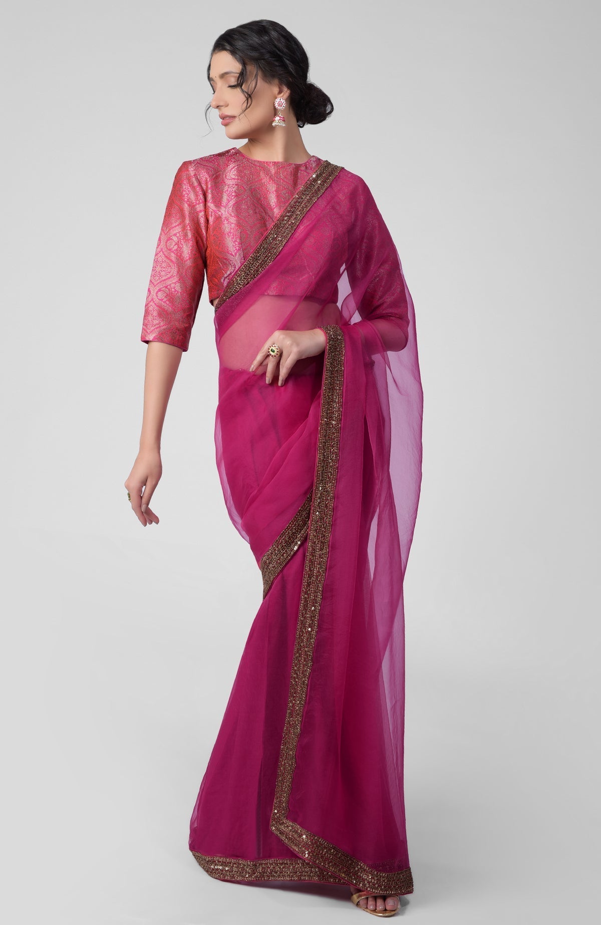 Fuchsia silk organza saree with gold zardozi border and silk banarasi brocade blouse