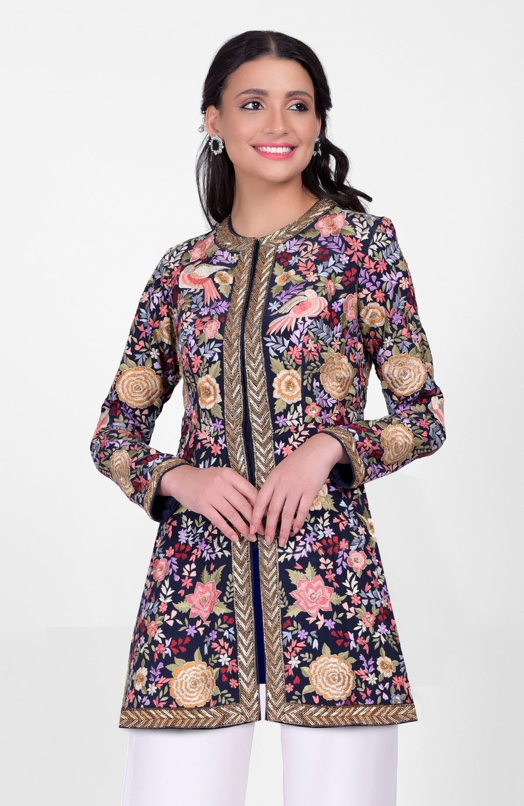 Navy blue Parsi Gara jacket with multicolor silk embroidery and gold zardozi paired with ivory pants