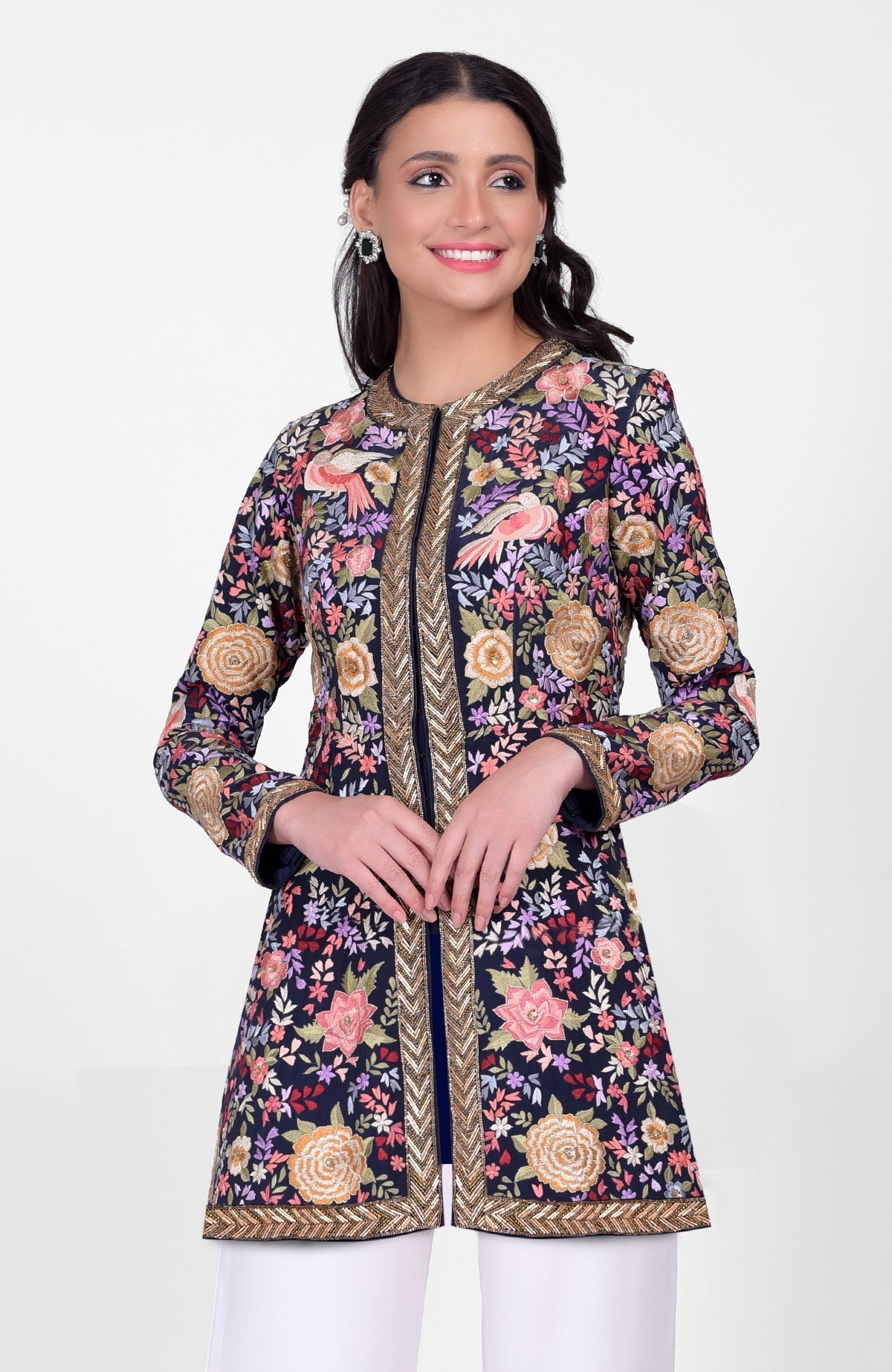 Navy blue Parsi Gara jacket with multicolor silk embroidery and gold zardozi paired with ivory pants