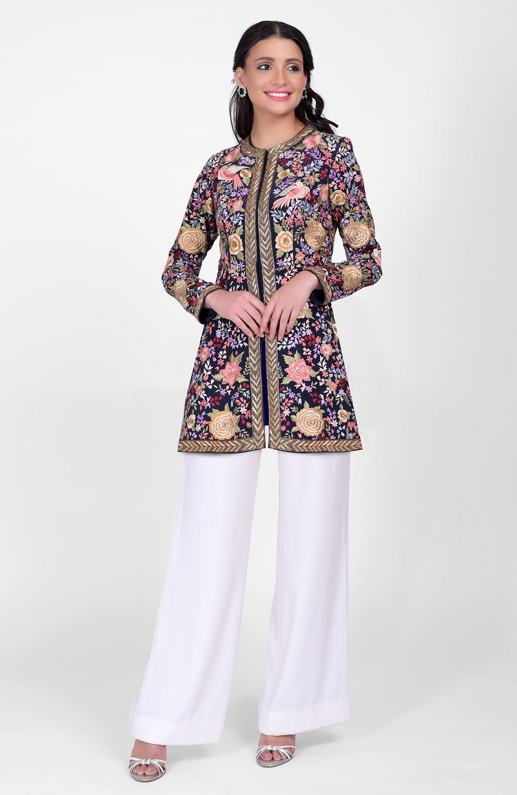 Navy blue Parsi Gara jacket with multicolor silk embroidery and gold zardozi borders paired with ivory pants