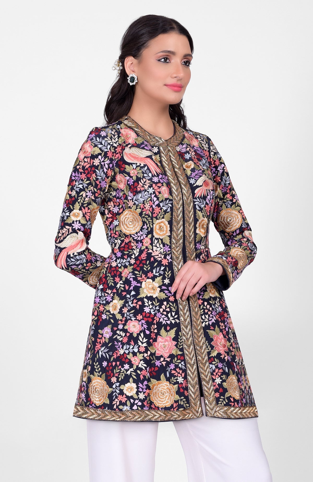 Navy blue jacket with multicolor Parsi Gara embroidery and gold zardozi paired with ivory pants