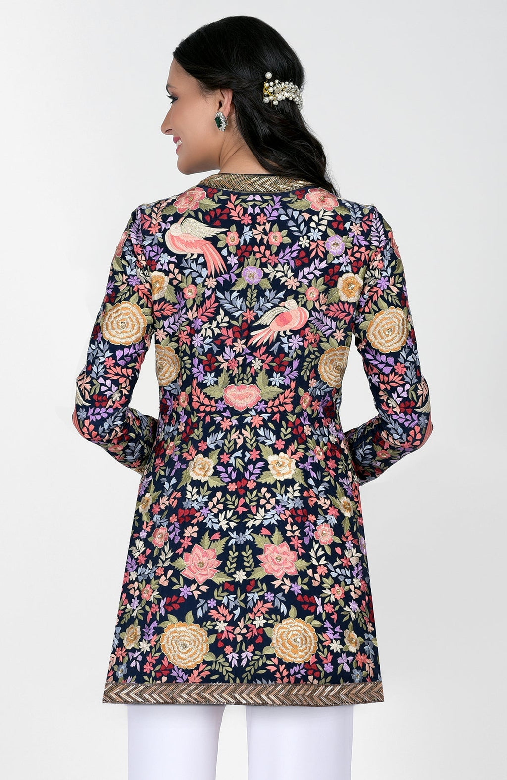 Navy blue Parsi Gara jacket with multicolor silk embroidery and gold zardozi borders paired with ivory pants