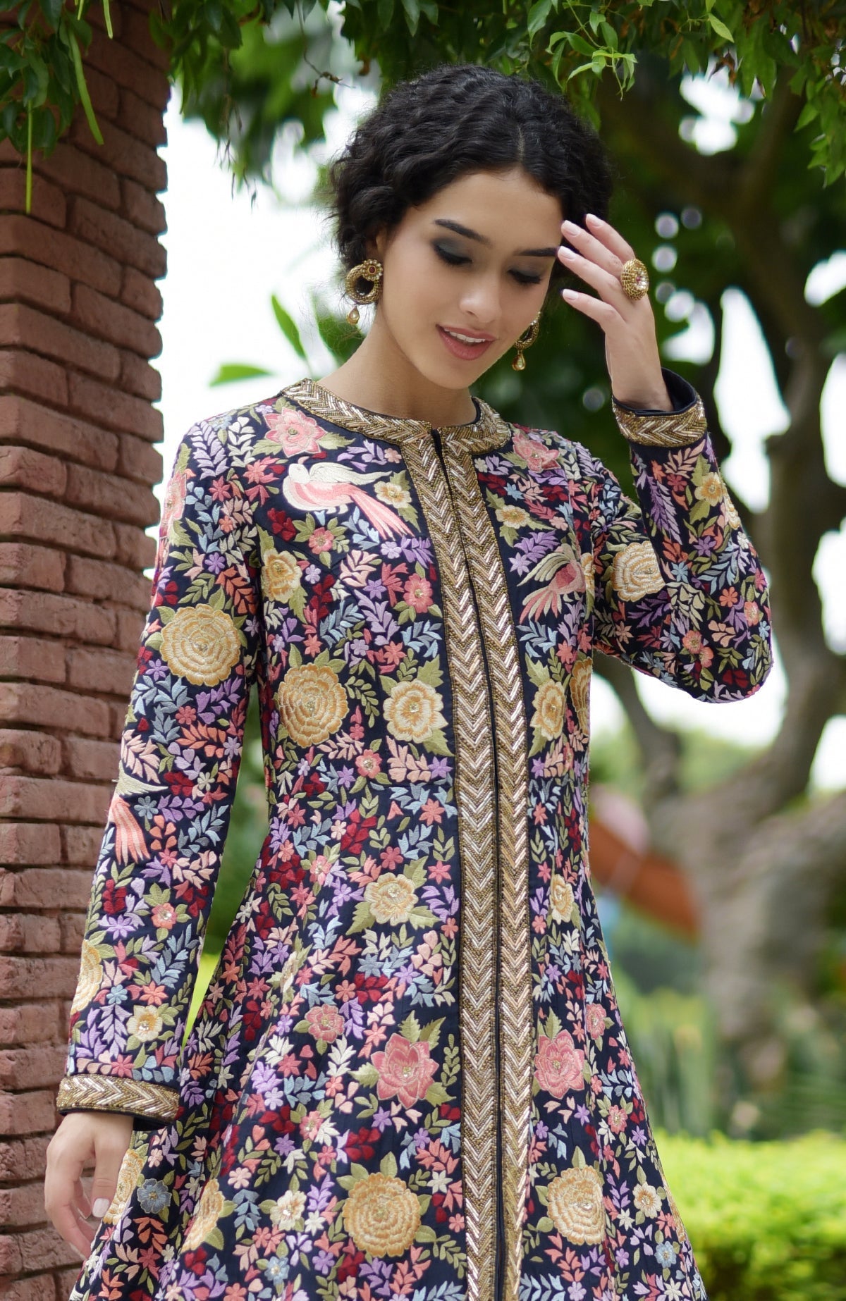 Navy blue Anarkali jacket with multicolor Parsi Gara embroidery and gold zardozi borders