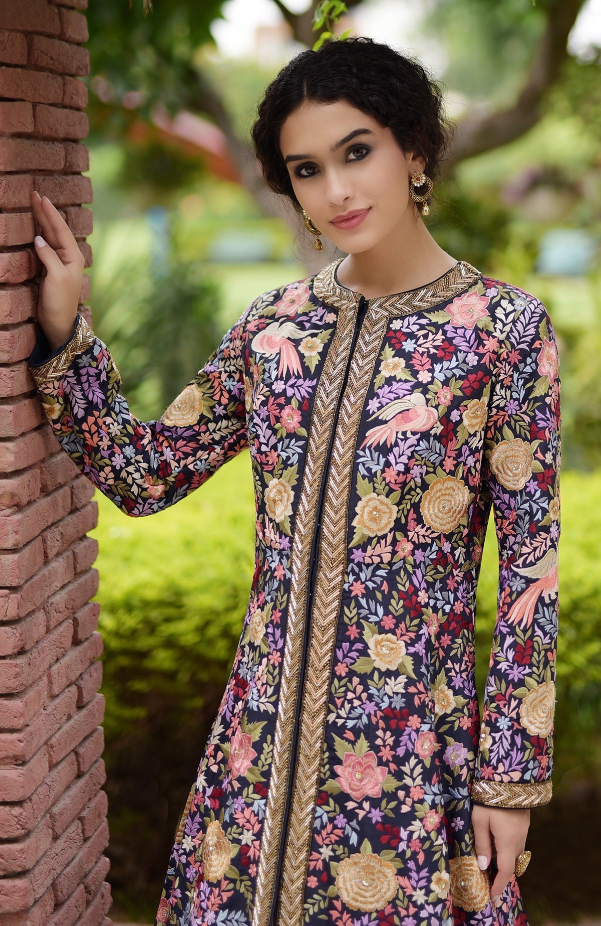 Navy blue Anarkali jacket with multicolored Parsi Gara embroidery and gold zardozi borders