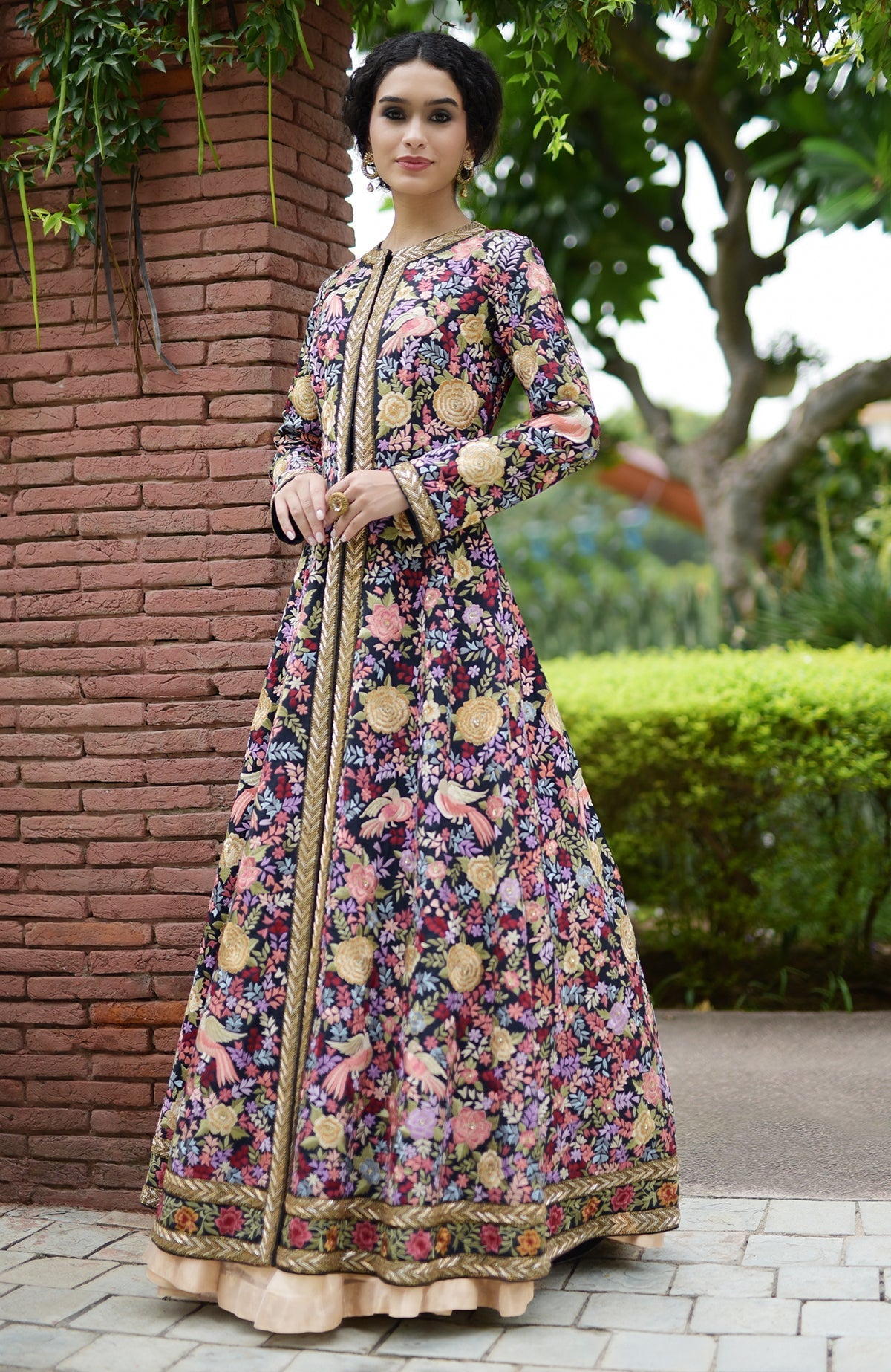 Navy blue Anarkali jacket with multicolored Parsi Gara and gold zardozi embroidery