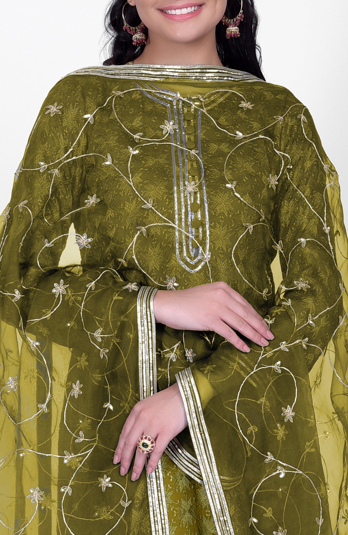 Green phulkari embroidered kurta set with hand embroidered gota kasab dupatta