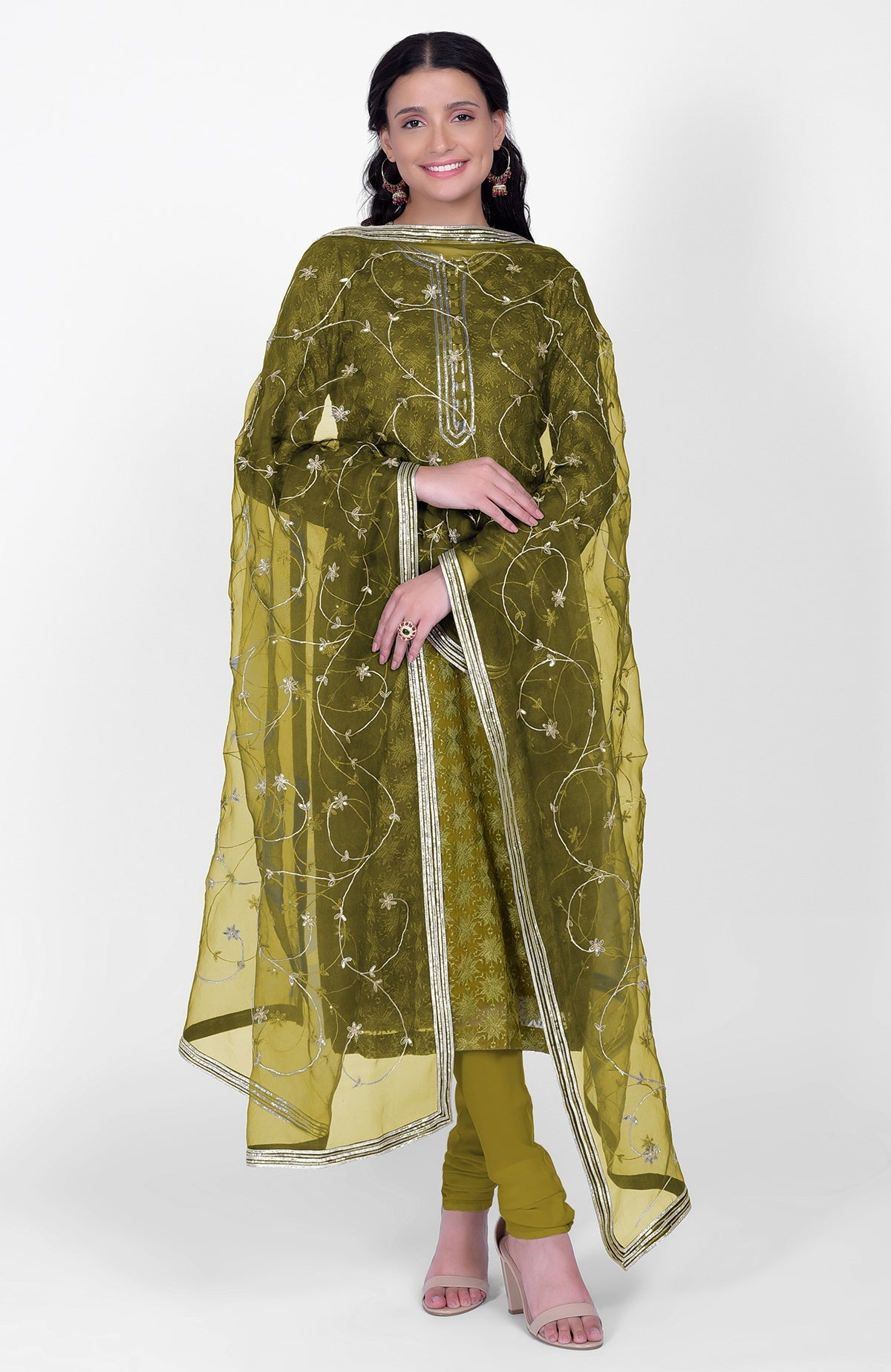 Green phulkari embroidered kurta set paired with hand embroidered gota kasab dupatta