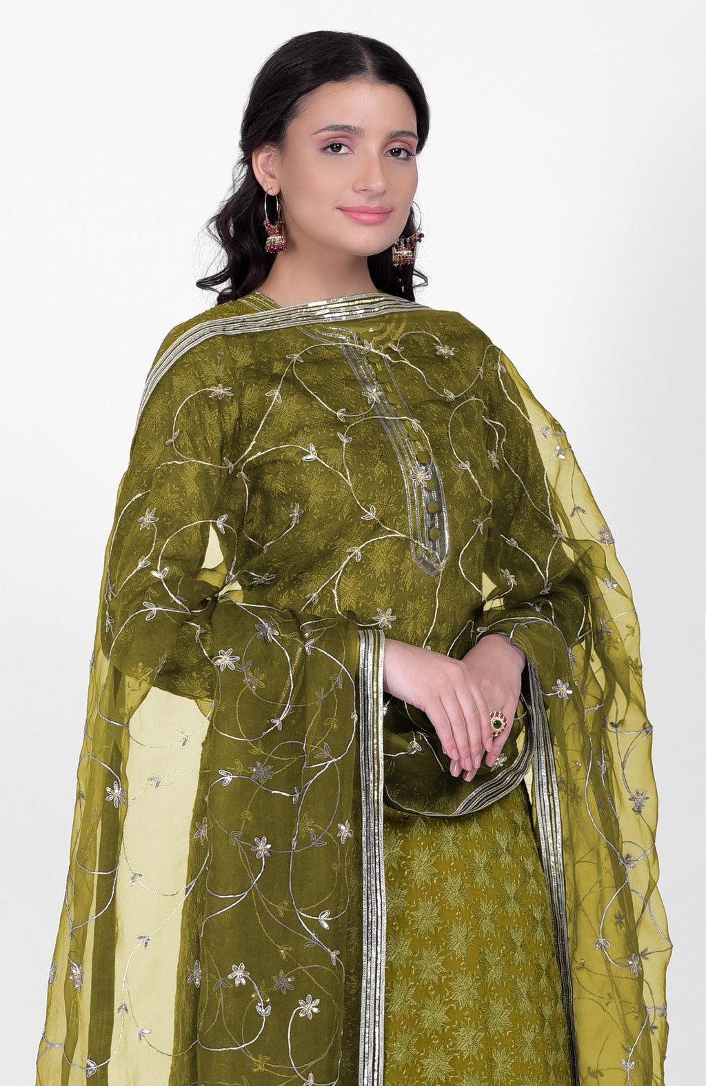 Green phulkari embroidered kurta set with hand-embroidered gota kasab dupatta